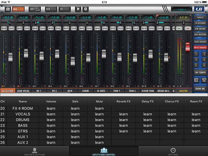 Ui soundcraft MIDI mixer settings