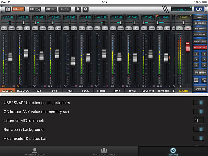 Ui soundcraft MIDI mixer settings